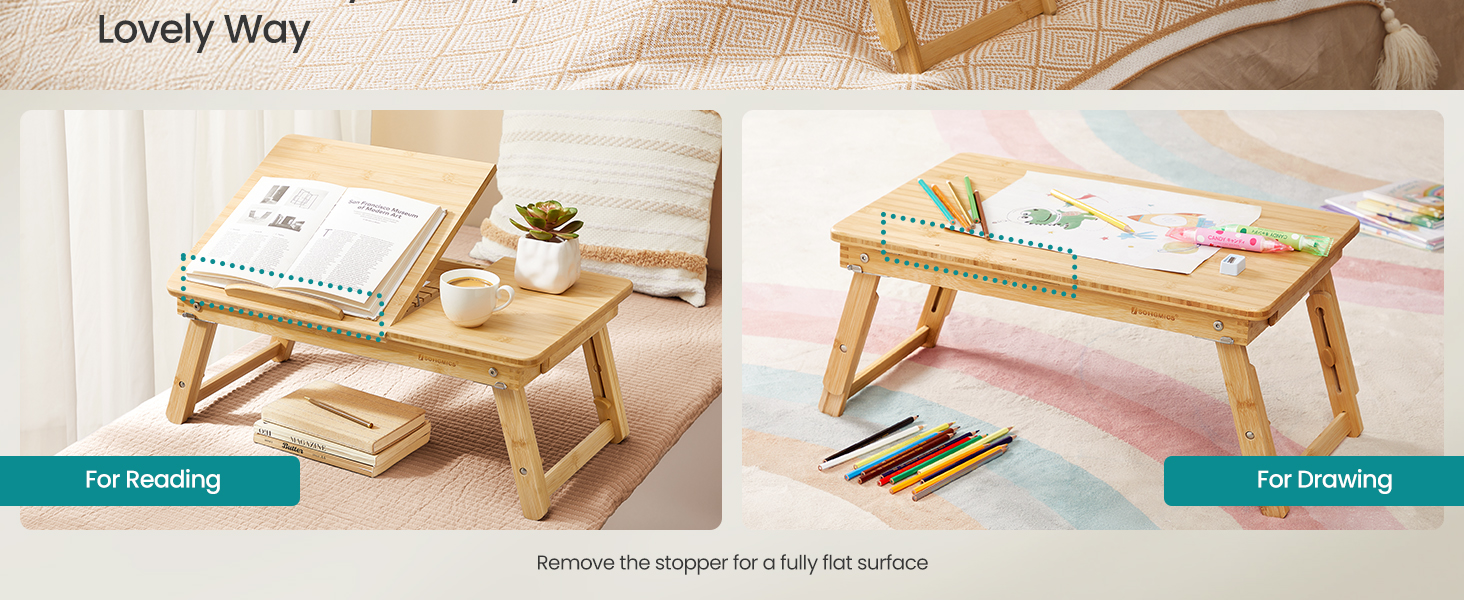 SONGMICS Masuta laptop sau mic dejun, din bambus, reglabila pe inaltime si unghi, cu sertar lateral, 68x35x22-32 cm, natural [12]