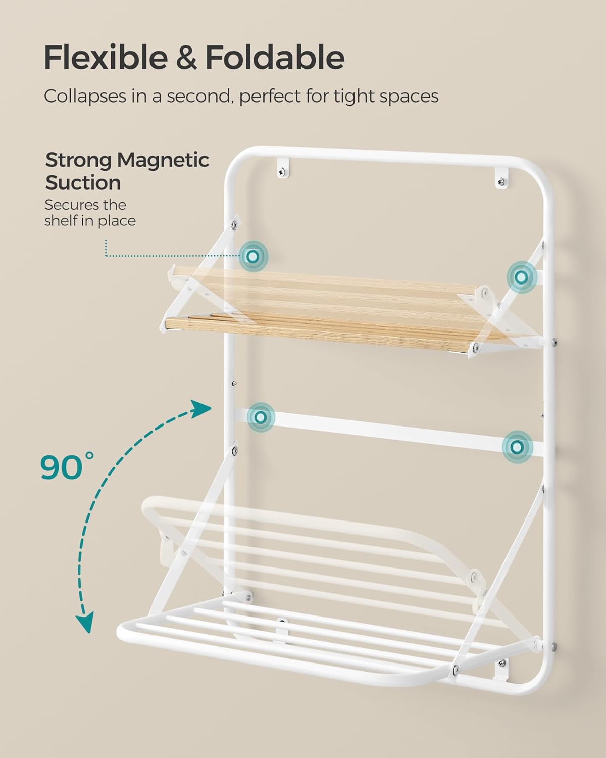SONGMICS Suport prosoape pliabil de perete, cu 5 bare, polita de depozitare, otel, 26x38x56 cm, alb [3]