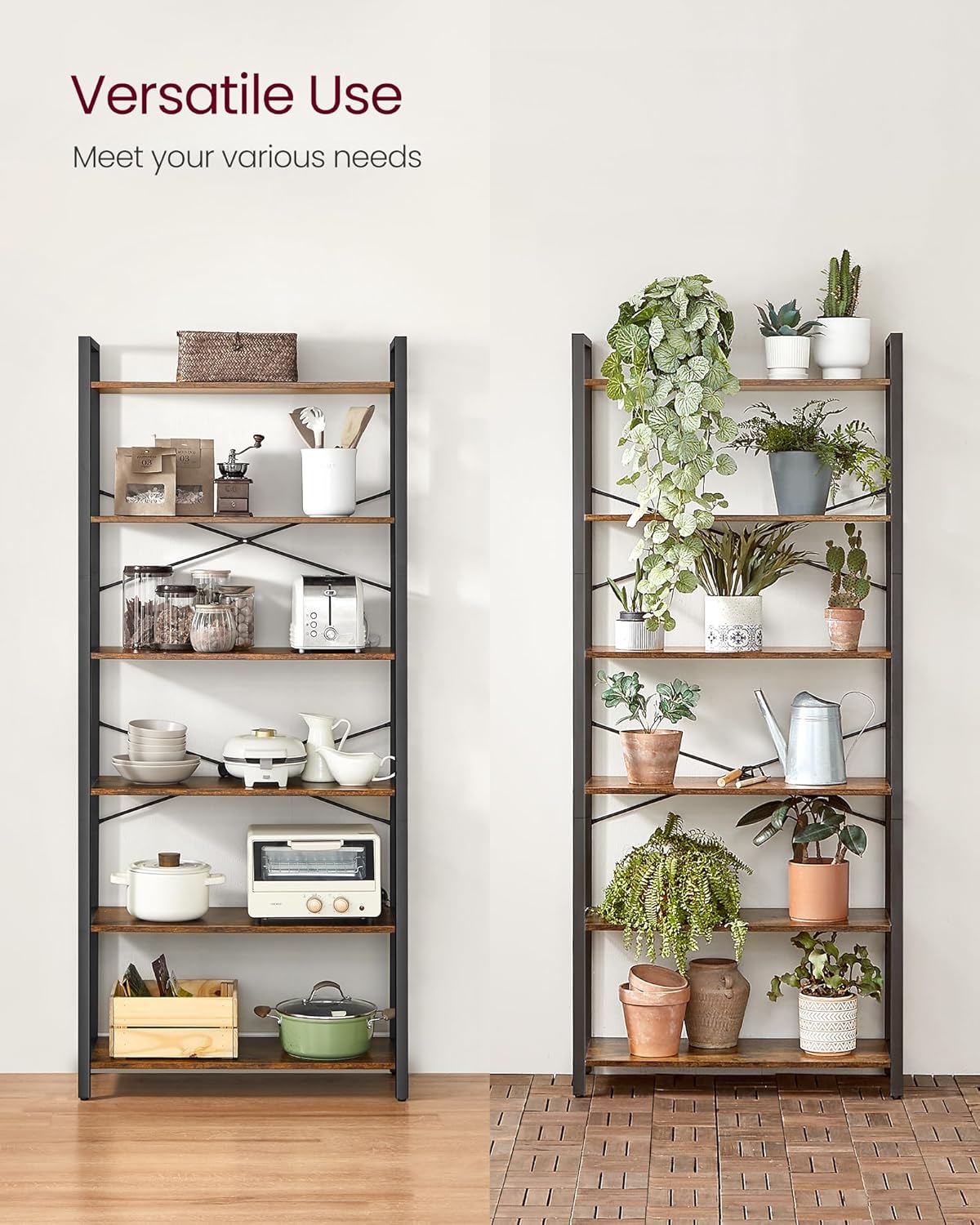 VASAGLE Biblioteca cu 6 rafturi, etajera stil industrial, PAL si cadru metalic, 30x80x186 cm, maro rustic [6]