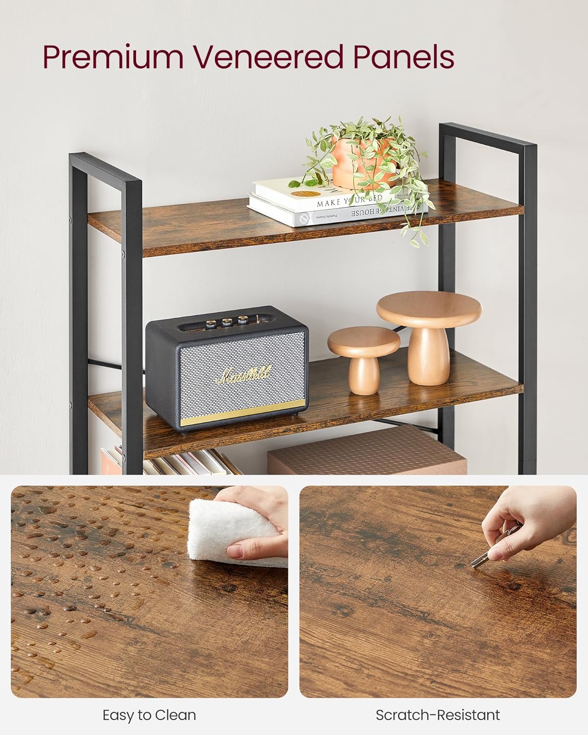 VASAGLE Biblioteca cu 6 rafturi, etajera stil industrial, PAL si cadru metalic, 30x80x186 cm, maro rustic [8]