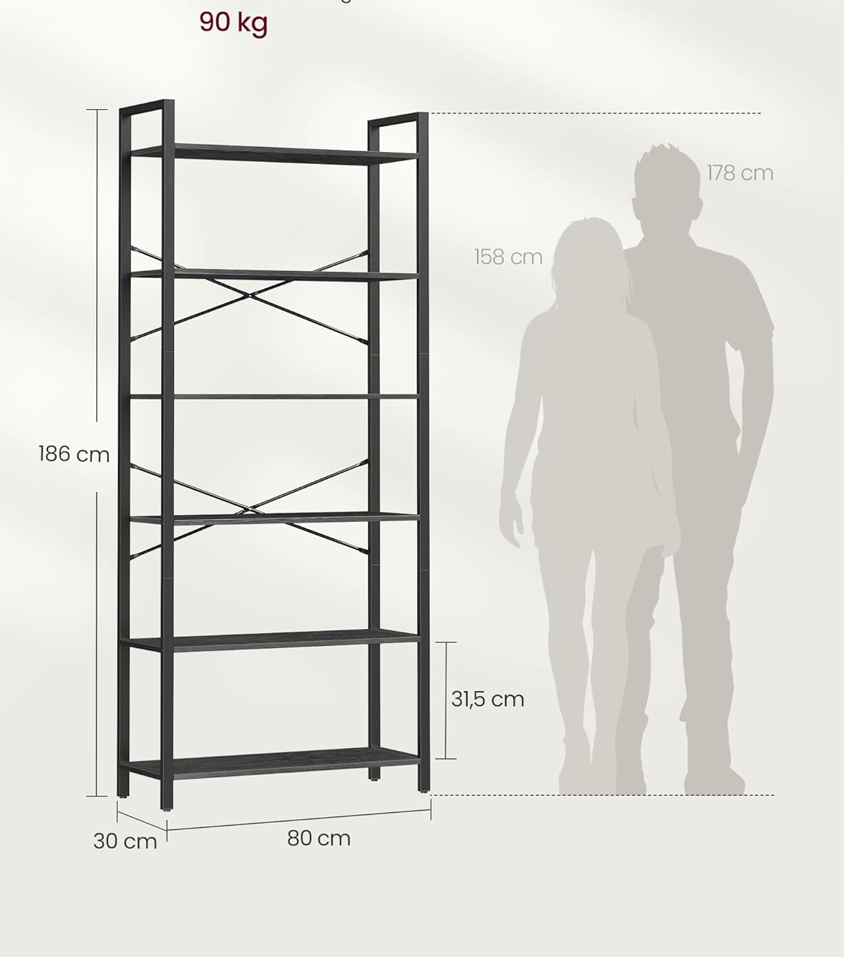 VASAGLE Biblioteca 6 rafturi, cadru metalic si polite PAL, stil industrial, 80x30x186 cm, negru [6]