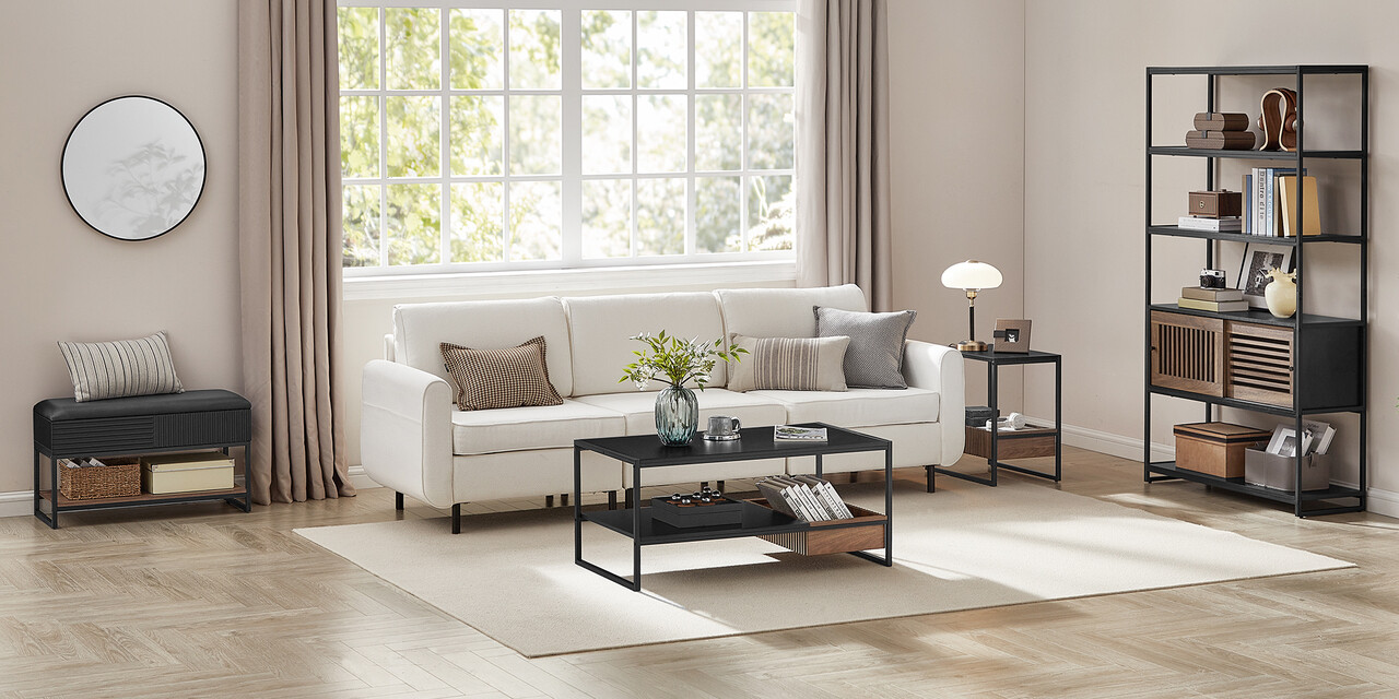 VASAGLE Biblioteca cu 5 rafturi si dulap, rama metalica si finisaj MDF nuc, 100x35x180 cm, negru [4]