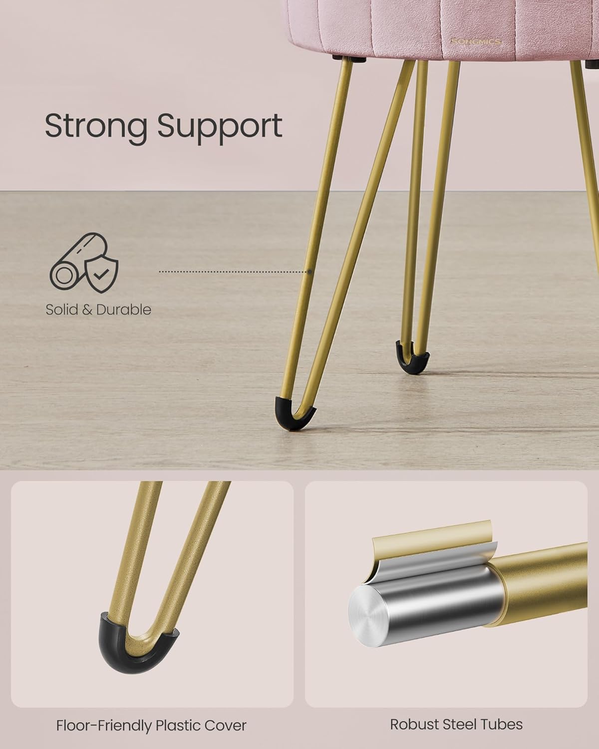 SONGMICS Taburet rotund cu spatiu de depozitare, tapitat catifea, 32x39x44 cm, roz [4]