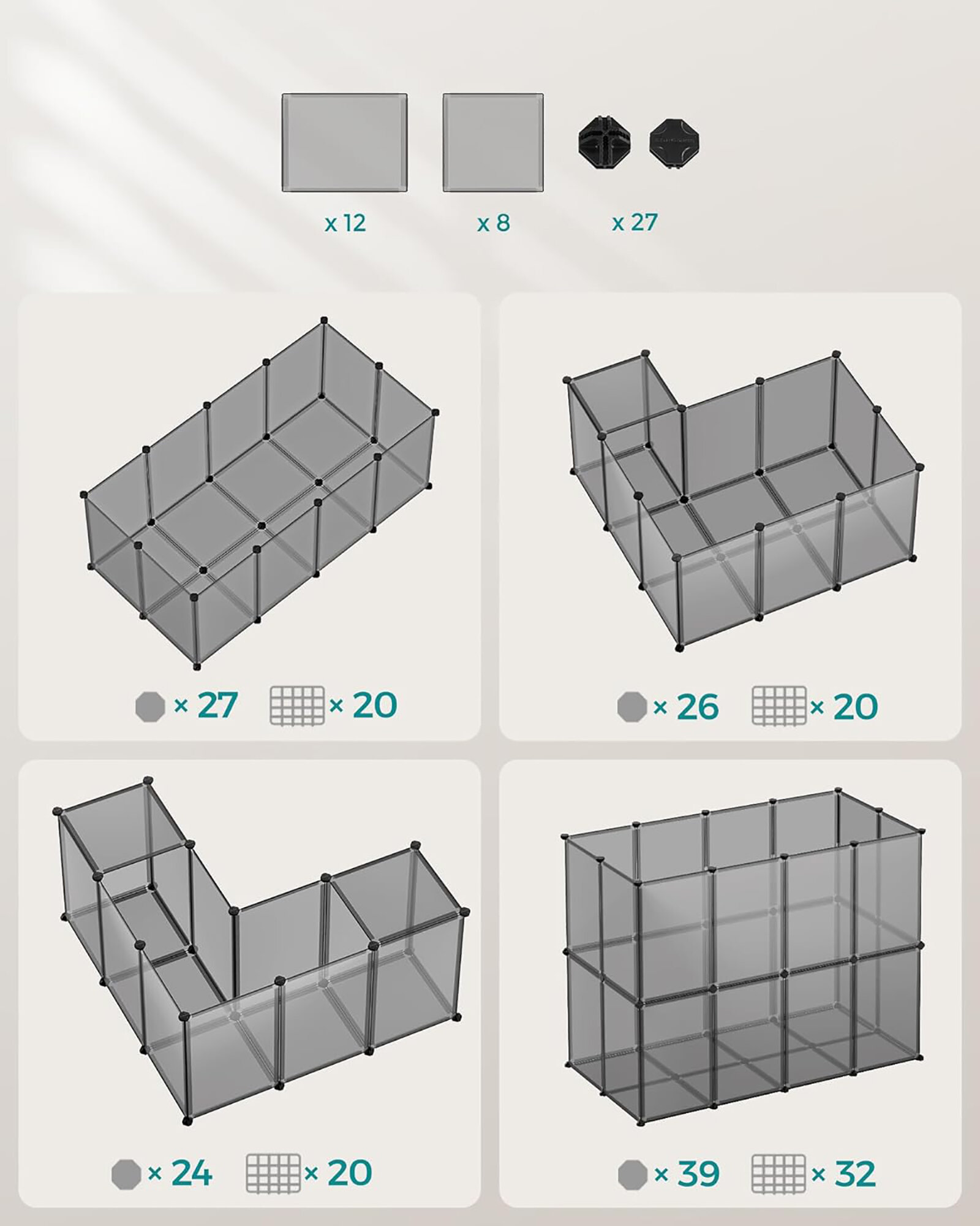 SONGMICS Tarc modular pentru animale mici, ABS, configurabil, 125x63x42 cm, gri [7]