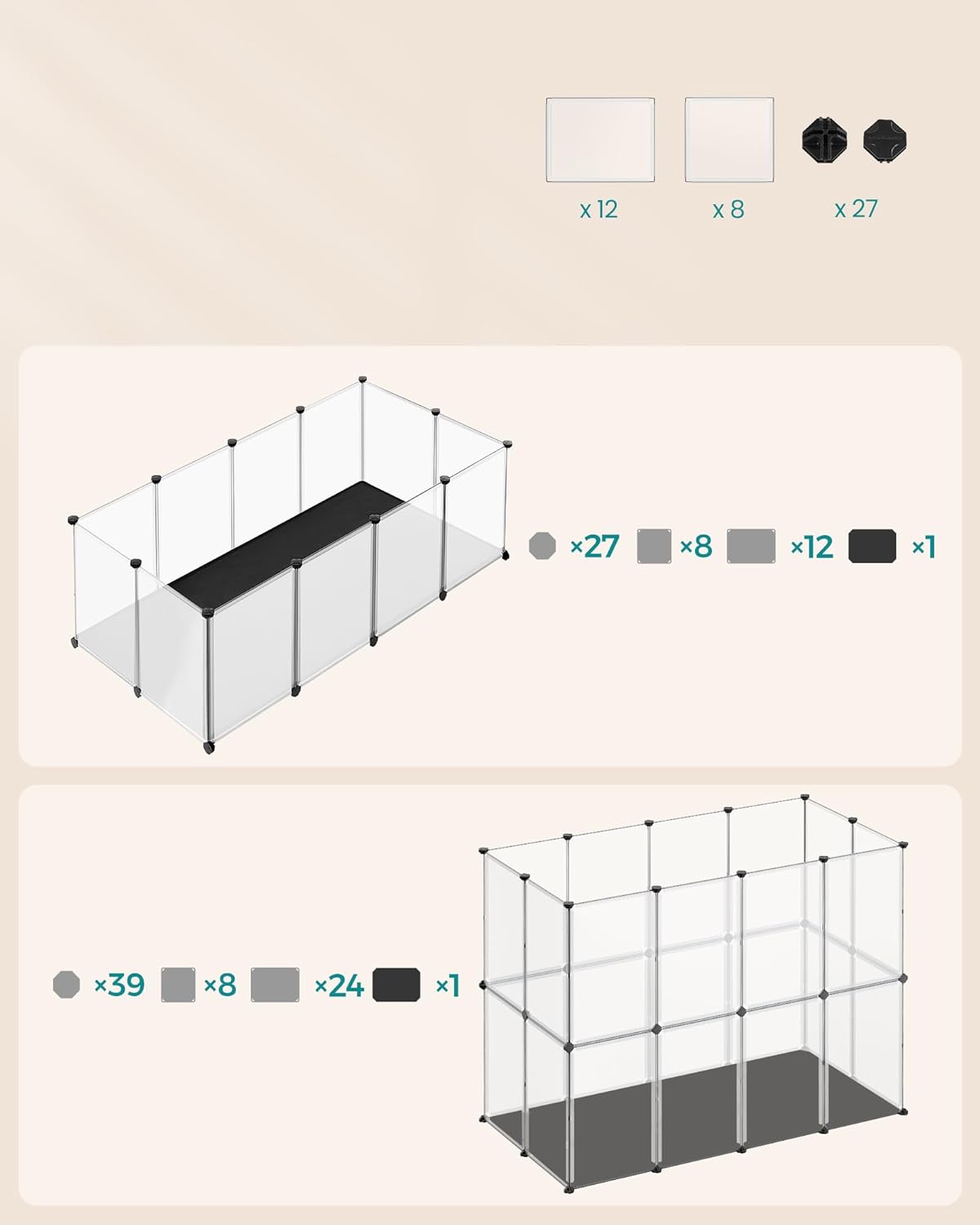 SONGMICS Tarc animale mici modular cu placi de baza si covoras impermeabil, 143x73x46 cm, transparent [5]