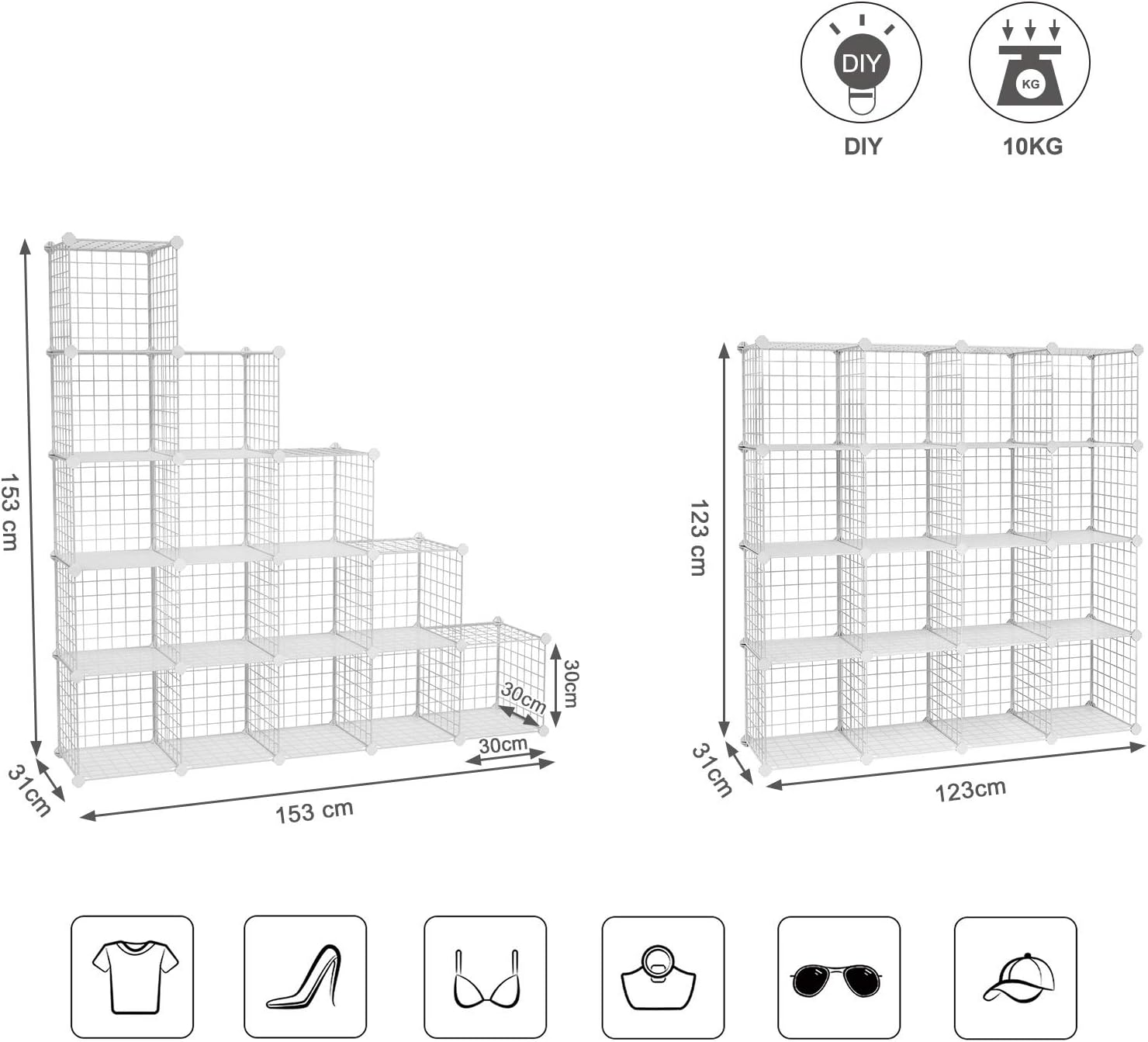 SONGMICS Organizator cu 16 cuburi modulare de depozitare, configurabil, metalic, 123x31x123cm, alb [3]