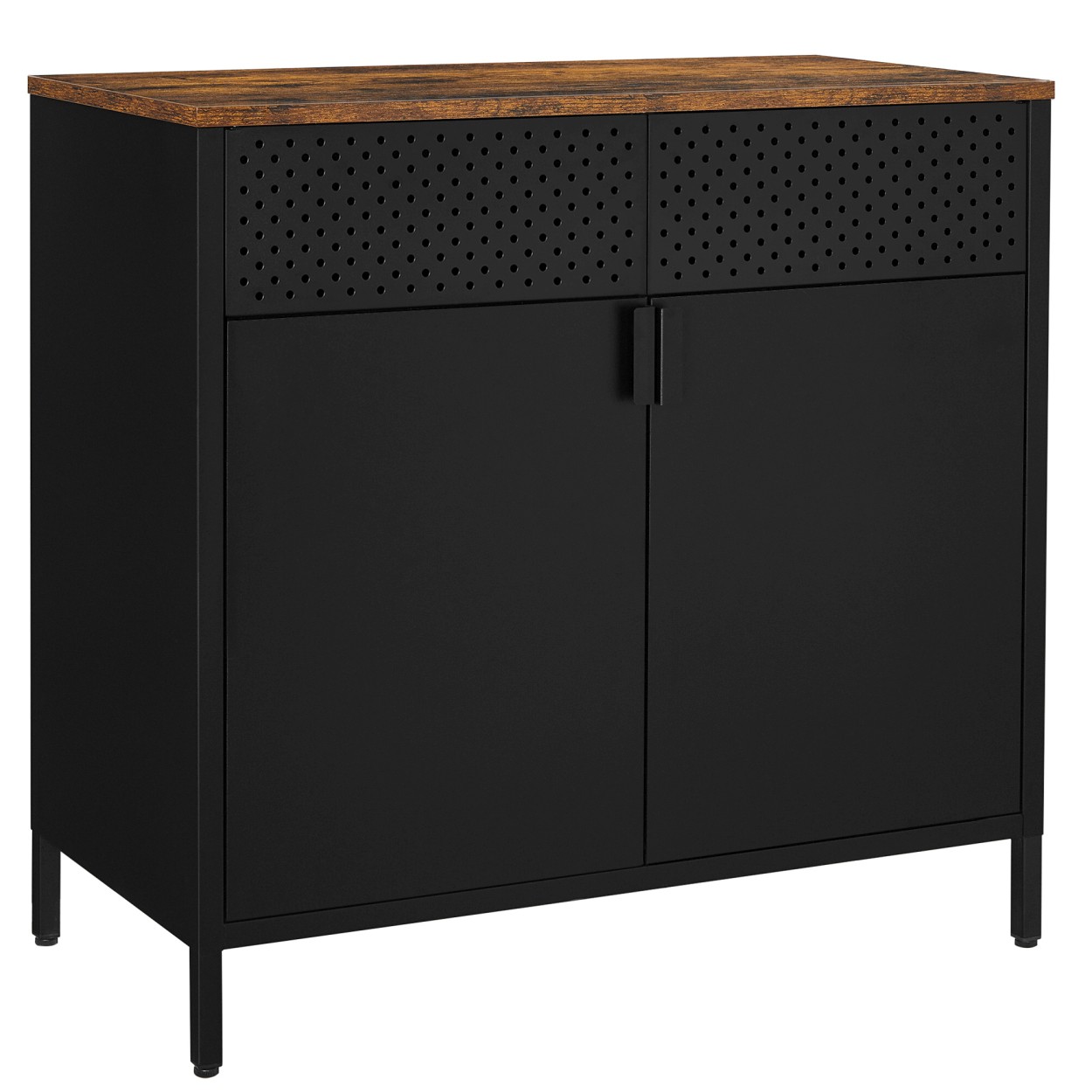 Comode - SONGMICS Dulap de depozitare 80x40x76 cm, negru si maro rustic, stil industrial, otel si PAL, cu 2 usi, 1 sertar si panou perforat