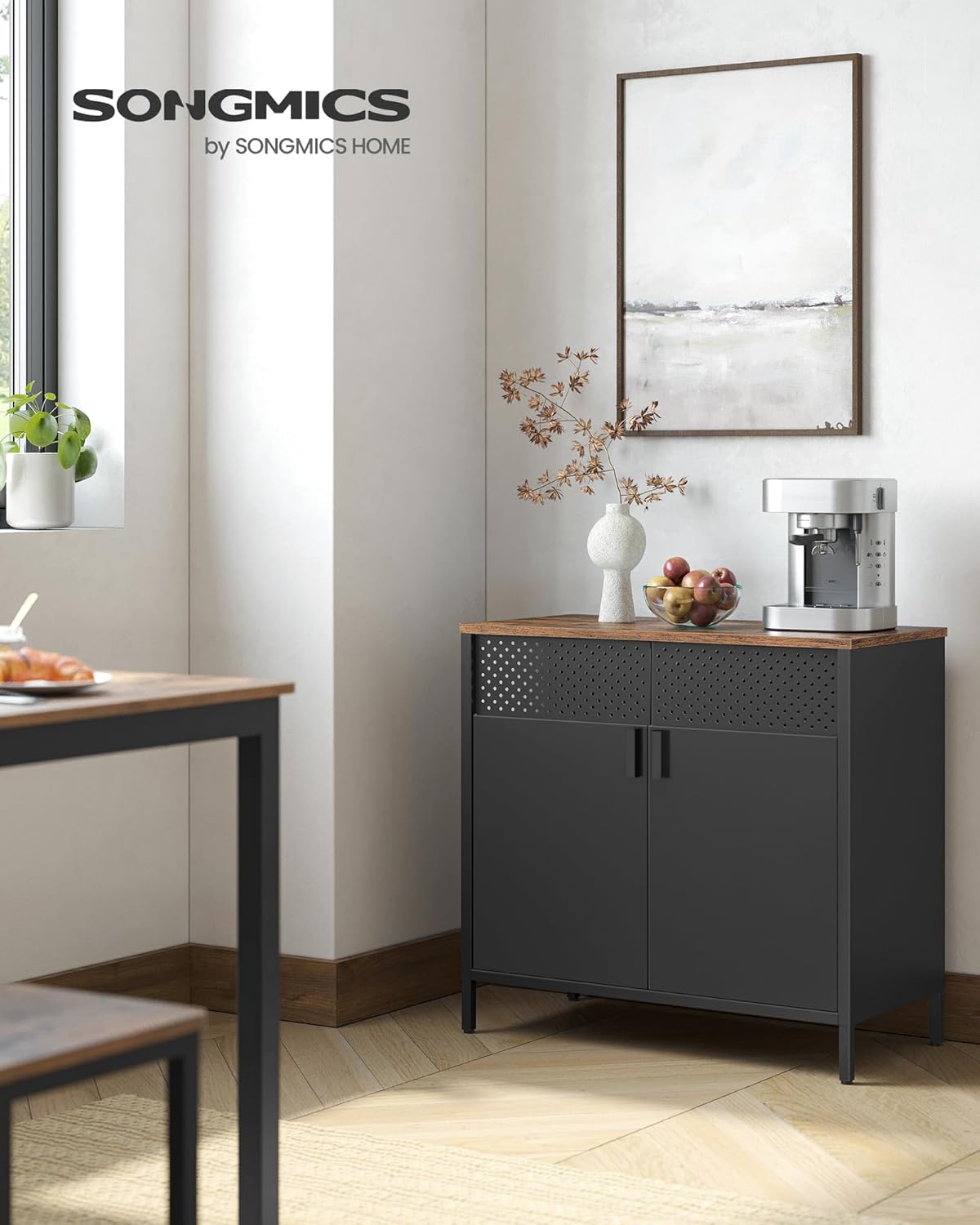 SONGMICS Dulap de depozitare 80x40x76 cm, negru si maro rustic, stil industrial, otel si PAL, cu 2 usi, 1 sertar si panou perforat [9]