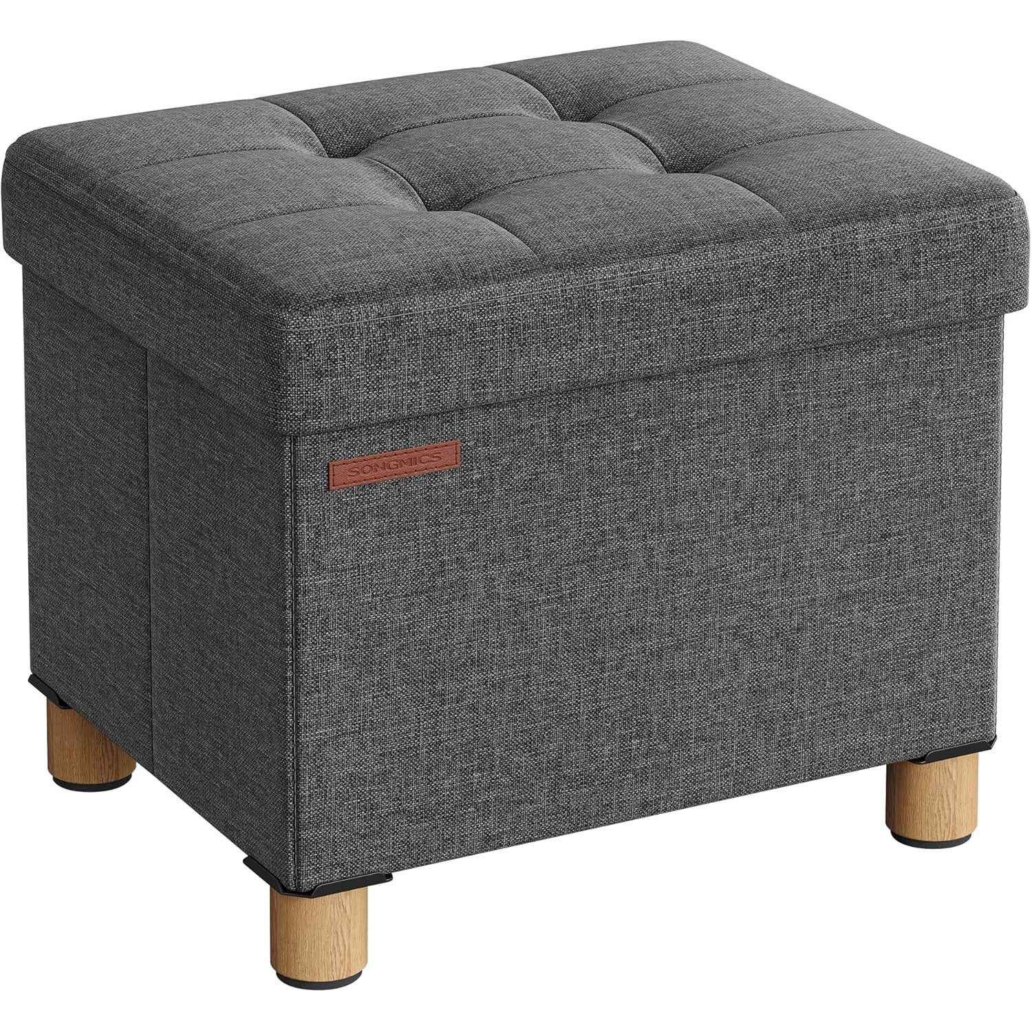 Tabureti si fotolii - SONGMICS Taburet depozitare pliabil cu picioare din lemn, capitonat cu tesatura tip in, 40x32x34 cm, gri inchis
