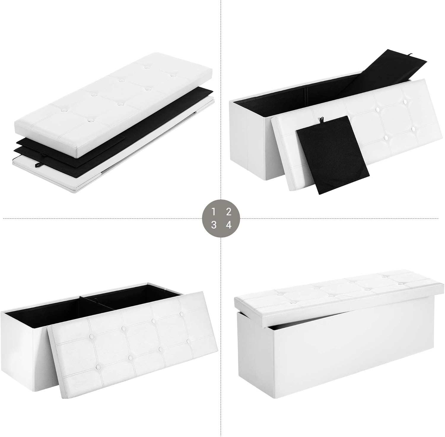 SONGMICS Taburet pliabil cu spatiu de depozitare, 3 locuri, imitatie piele, 110x38x38 cm, alb [7]