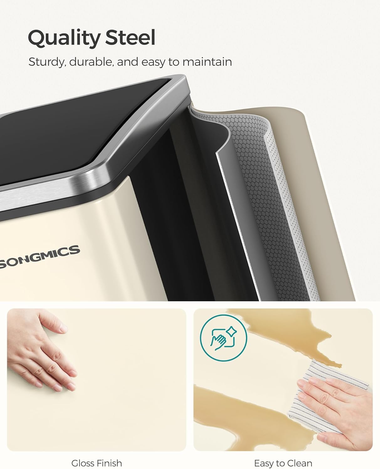 SONGMICS Cos de gunoi dublu 41x32x47 cm, 2x15L, pedale separate, capac soft-close si galeata detasabila, bej si negru [6]