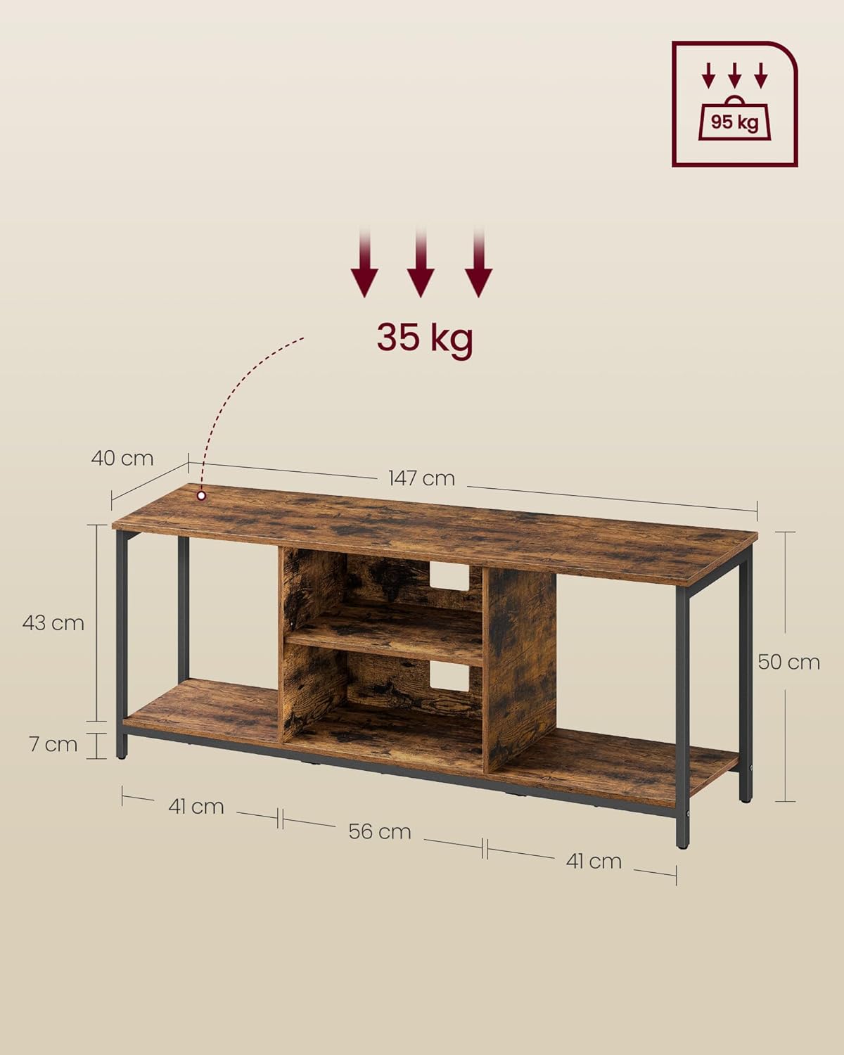 VASAGLE Comoda TV pentru televizoare pana la 65 inch, cadru metal, stil industrial, 147x40x50 cm, maro rustic [2]