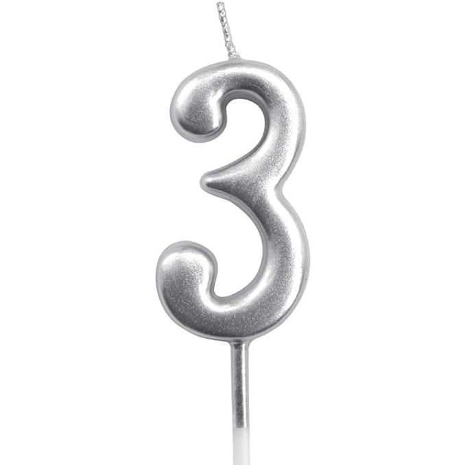 ✨TOATE PRODUSELE✨ - Lumanare de Tort, , Model Cifra 3, Party, 4.5 x 2.5 cm, din Parafina, Argintiu