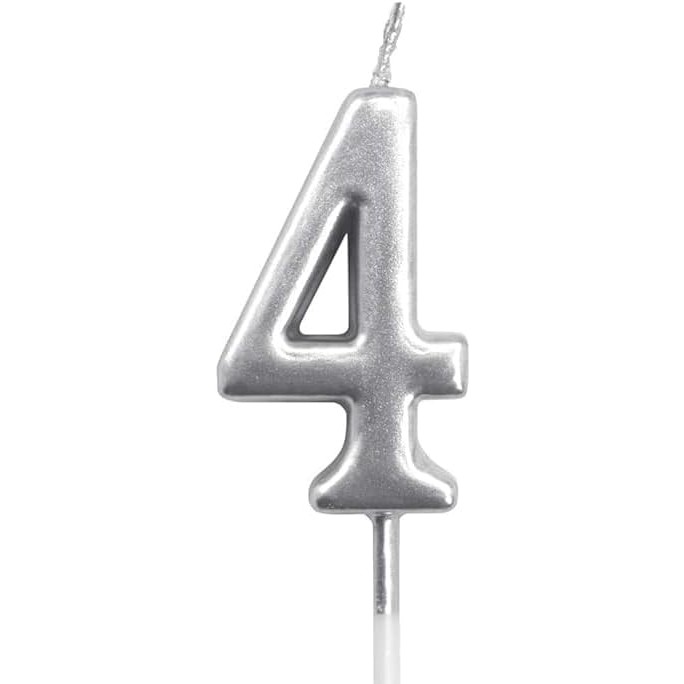 ✨TOATE PRODUSELE✨ - Lumanare de Tort, , Model Cifra 4, Party, 4.5 x 2.5 cm, din Parafina, Argintiu