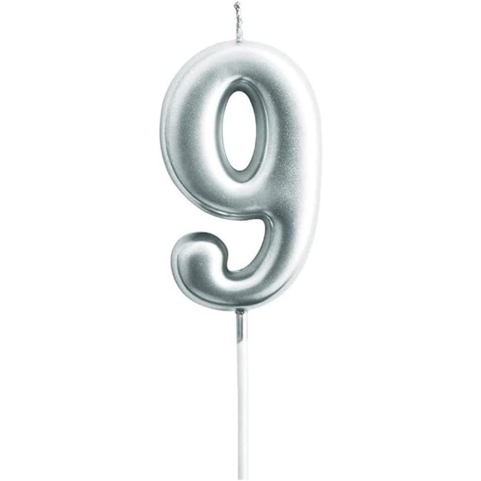 ✨TOATE PRODUSELE✨ - Lumanare de Tort, , Model Cifra 9, Party, 4.5 x 2.5 cm, din Parafina, Argintiu