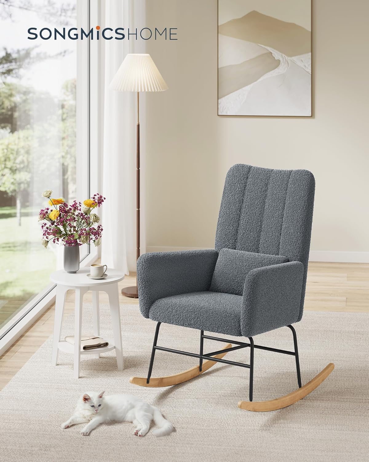 SONGMICS Fotoliu balansoar cu brate, cadru otel imbracat in fleece si picioare din lemn, 136 kg, gri [2]
