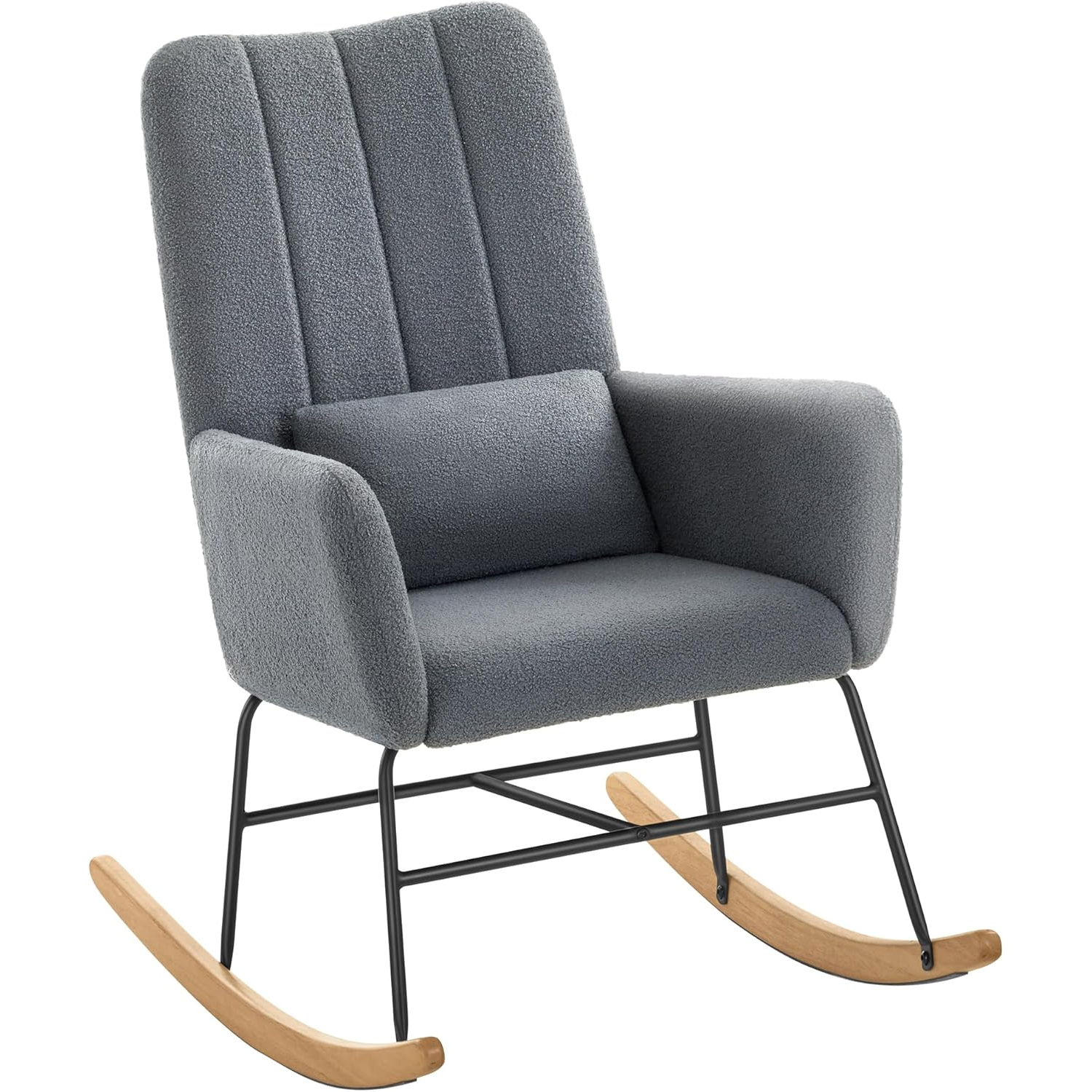 Scaune living - SONGMICS Fotoliu balansoar cu brate, cadru otel imbracat in fleece si picioare din lemn, 136 kg, gri