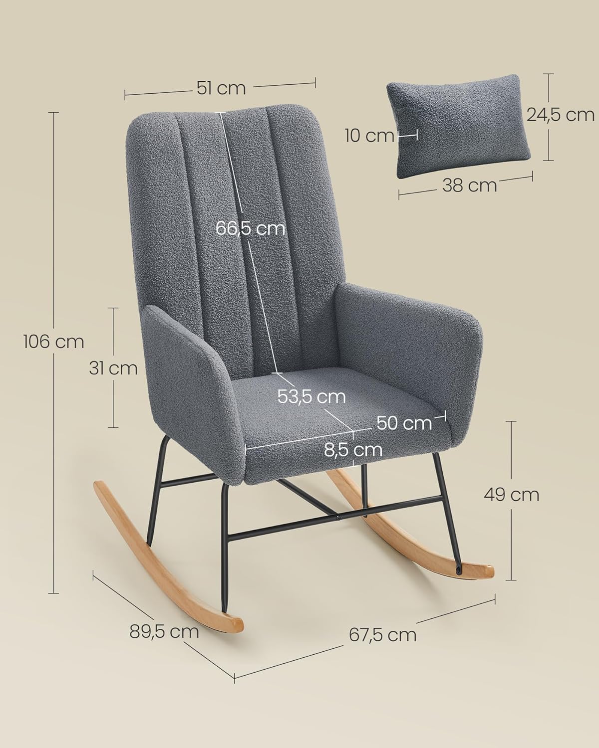 SONGMICS Fotoliu balansoar cu brate, cadru otel imbracat in fleece si picioare din lemn, 136 kg, gri [5]