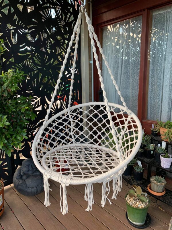 Scaun rotund tip leagan suspendat pentru casa sau gradina, cu franjuri, 150kg, crem [5]