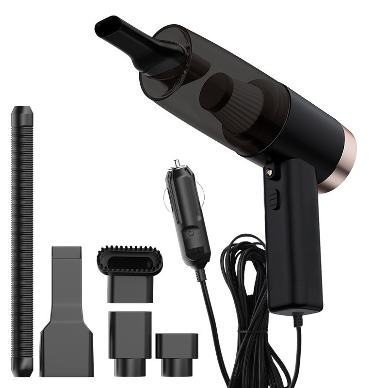 Accesorii Auto - Aspirator Portabil Auto, , pentru Casa si Masina, Cablu Auto, Tub Prelungitor, 4 Capete de Aspirare, 20x16x19cm, Negru