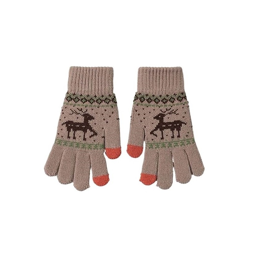 Manusi de Dama, , Model Ren, Functie Touchscreen (ecran tactil), Material Acril Tricotat, Manseta Elastica, Interior Catifelat, Marime Universala, Kaki [4]