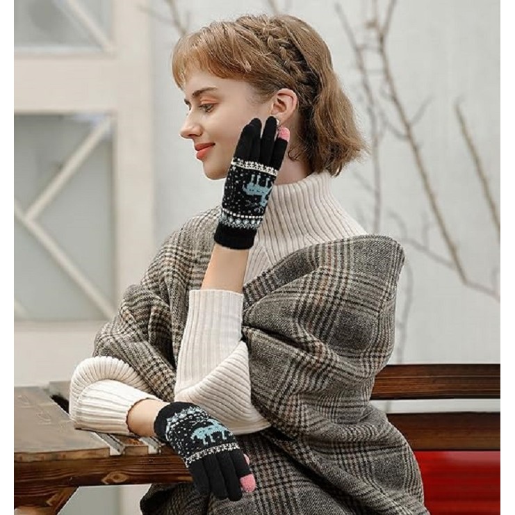 Manusi de Dama, , Model Ren, Functie Touchscreen (ecran tactil), Material Acril Tricotat, Manseta Elastica, Interior Catifelat, Marime Universala, Negru [1]