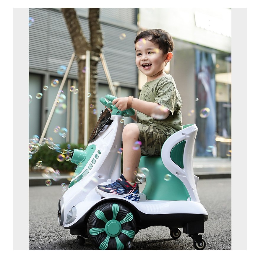 Masinuta electrica cu telecomanda pentru copii, , roti spate rotire 360, curea siguranta, baloane de sapun, lumini si sunete, self control si prin telecomanda, cu pedale de acceleratie si frana, verde [2]