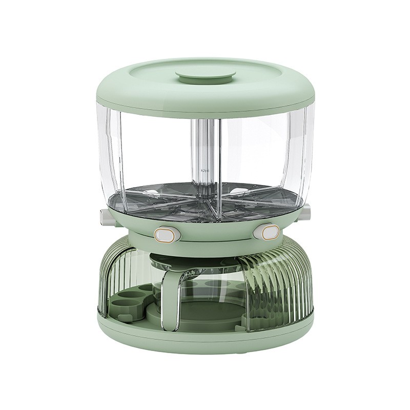 Organizatoare si Depozitare Bucatarie - Dozator Etajat de Cereale , Rotativ 360, 6 Compartimente, Capacitate 10L, Cofraj Special pentru Oua, Vas pentru Scurgerea Cerealelor, 35x27.5 cm, Verde