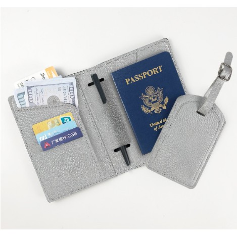 ✨TOATE PRODUSELE✨ - Portofel pentru Pasaport si Carduri, , 23x16 cm, 70g, din Piele PU, Suport Pix, Accesoriu Suport Eticheta, Unisex, Multifunctional, Argintiu