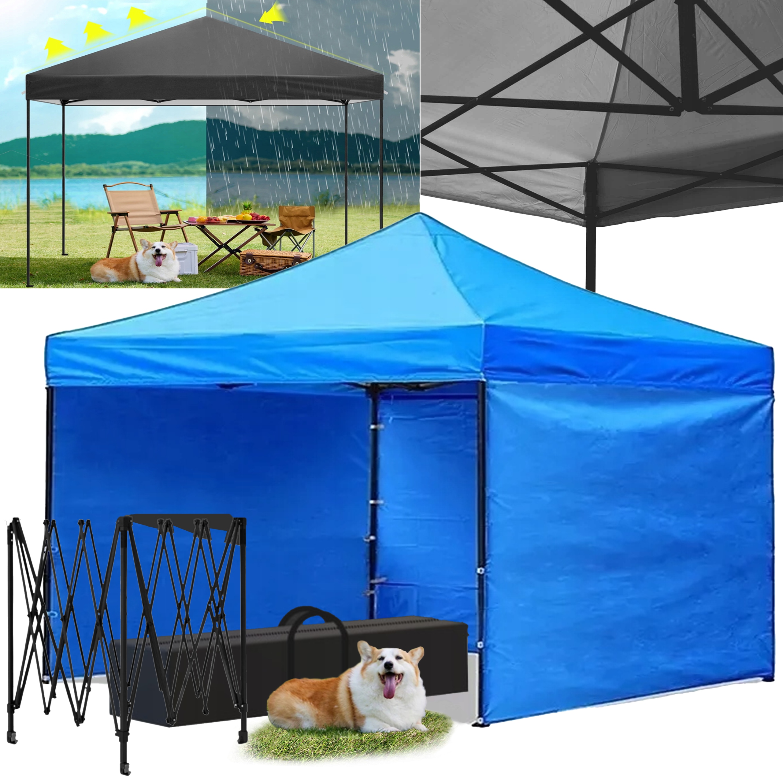 Cort tip pavilion cu 3 pereti laterali, structura solida otel si acoperis impermeabil PVC, 3x3 m cu inaltime reglabila, albastru [2]