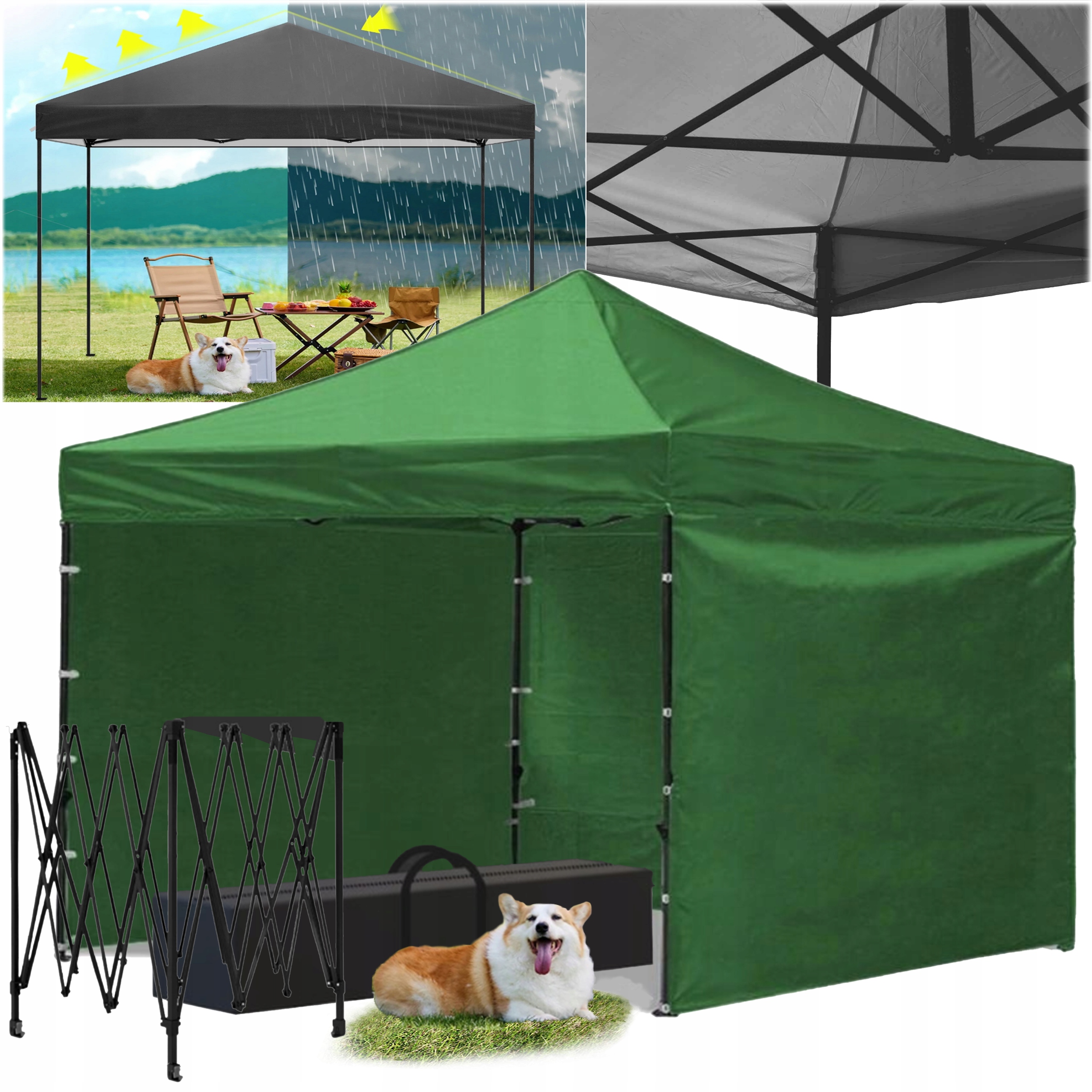 Cort tip pavilion cu 3 pereti laterali, structura solida otel si acoperis impermeabil PVC, 3x3 m cu inaltime reglabila, verde [6]