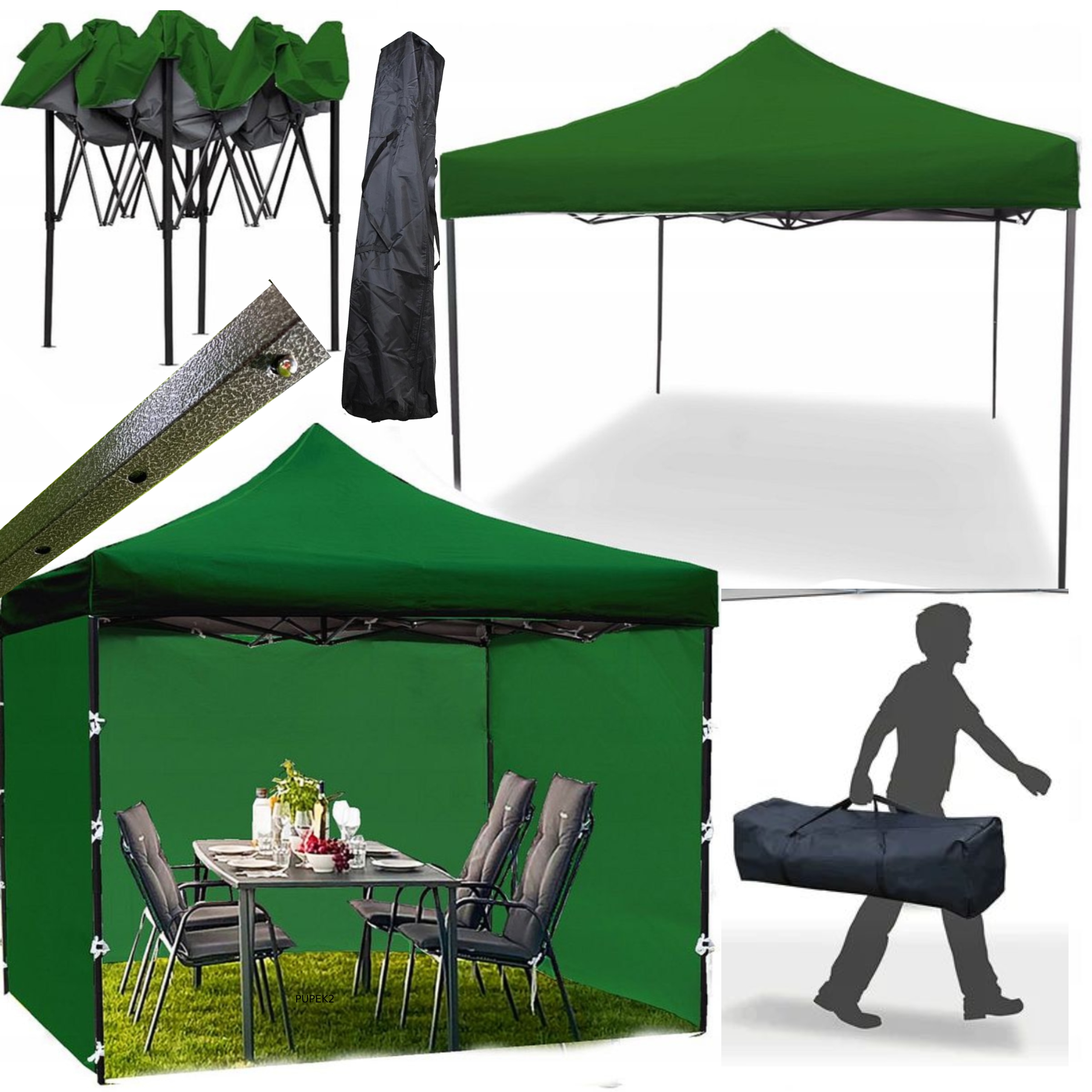 Cort tip pavilion cu 3 pereti laterali, structura solida otel si acoperis impermeabil PVC, 3x3 m cu inaltime reglabila, verde [9]