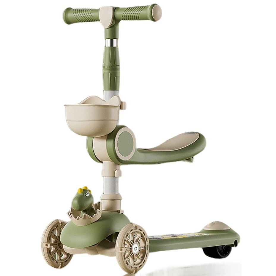 Masinute, Triciclete si Masinute Electrice - Trotineta Multifunctionala 3 in 1, , pentru Copii, 1-7 Ani, cu Lumini si Muzica, Reglabil 360, Pliere Usoara, Reglarea Inaltimii, Model Dinozaur, Bej/Verde