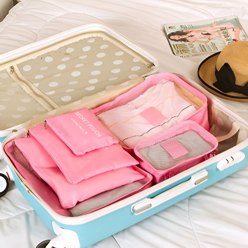 Set 6 Genți de Calatorie, , pentru Depozitare, Impermeabile, Organizator, Multifuncționale, Design cu Plasa, Pliabile, Fermoar, Dimensiuni Diferite, Roz [8]