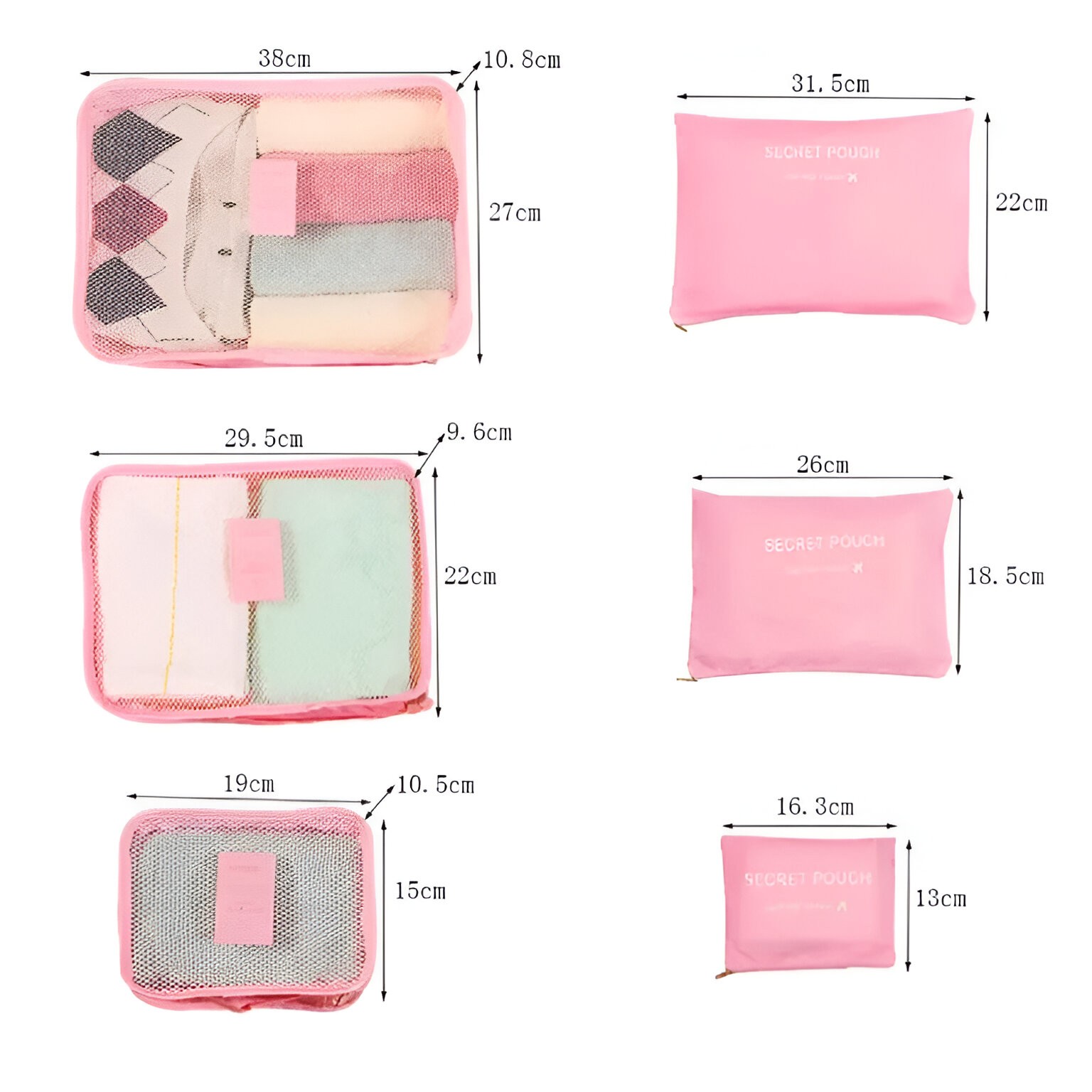 Set 6 Genți de Calatorie, , pentru Depozitare, Impermeabile, Organizator, Multifuncționale, Design cu Plasa, Pliabile, Fermoar, Dimensiuni Diferite, Roz [2]