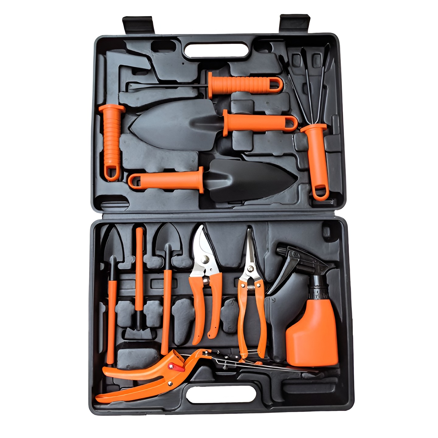 ✨TOATE PRODUSELE✨ - Set 12 Unelte de Gradina, , pentru Plantare Prelucrare Sol si Ingrijire Plante, Manere Portocalii, Material PVC si Cardboard, Cutie Inclusa, 37x28 cm, Negru