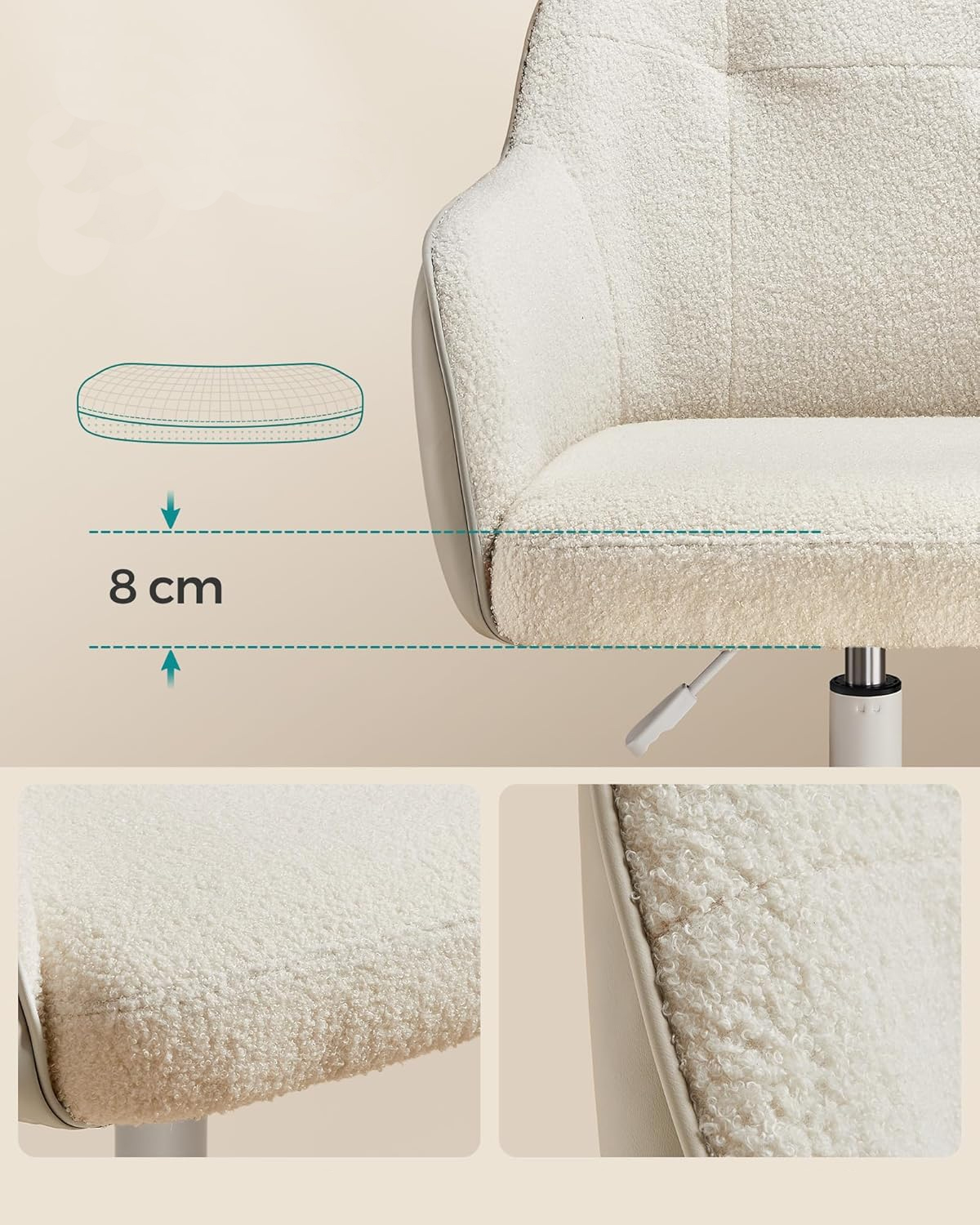 SONGMICS Scaun birou rotativ, reglabil pe inaltime, material sherpa si PU, cadru otel, 64x64x78-88cm, bej [4]