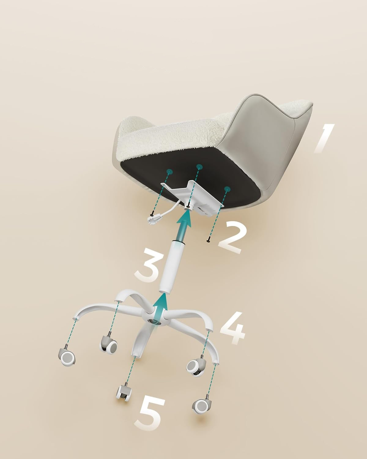 SONGMICS Scaun birou rotativ, reglabil pe inaltime, material sherpa si PU, cadru otel, 64x64x78-88cm, bej [6]