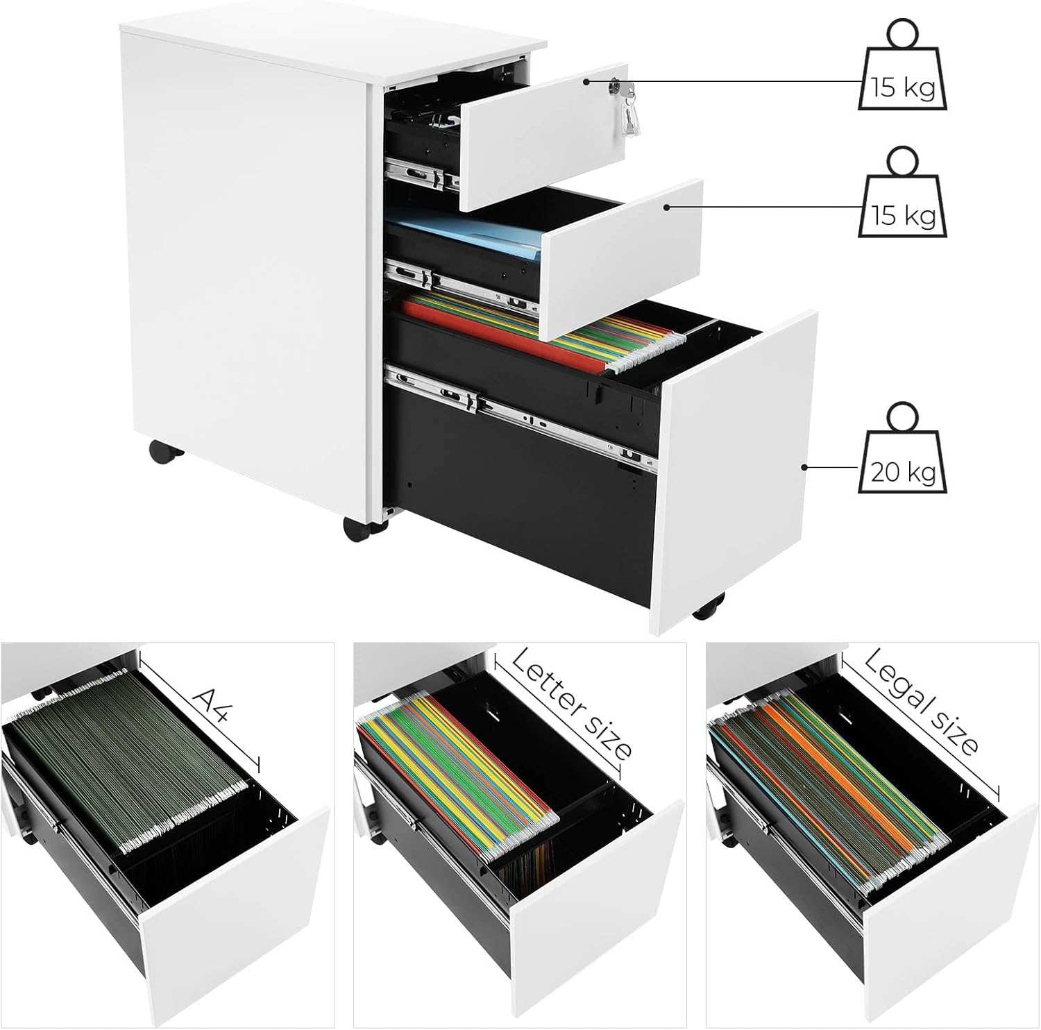 SONGMICS Dulap mobil tip rollbox pentru birouri, 3 sertare pentru documente A4, otel, 30x45x60 cm, alb [6]