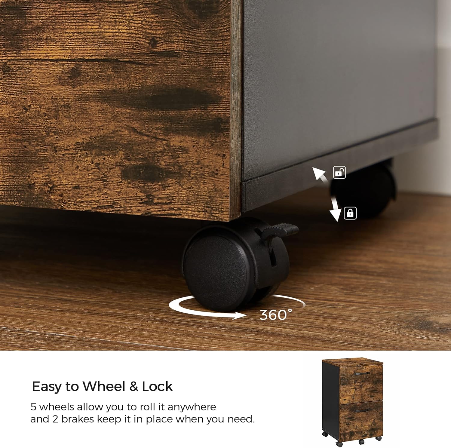 VASAGLE Dulap birou tip rollbox cu 2 sertare pentru documente A4, cu roti, stil industrial, 42x40x70 cm, maro rustic [4]