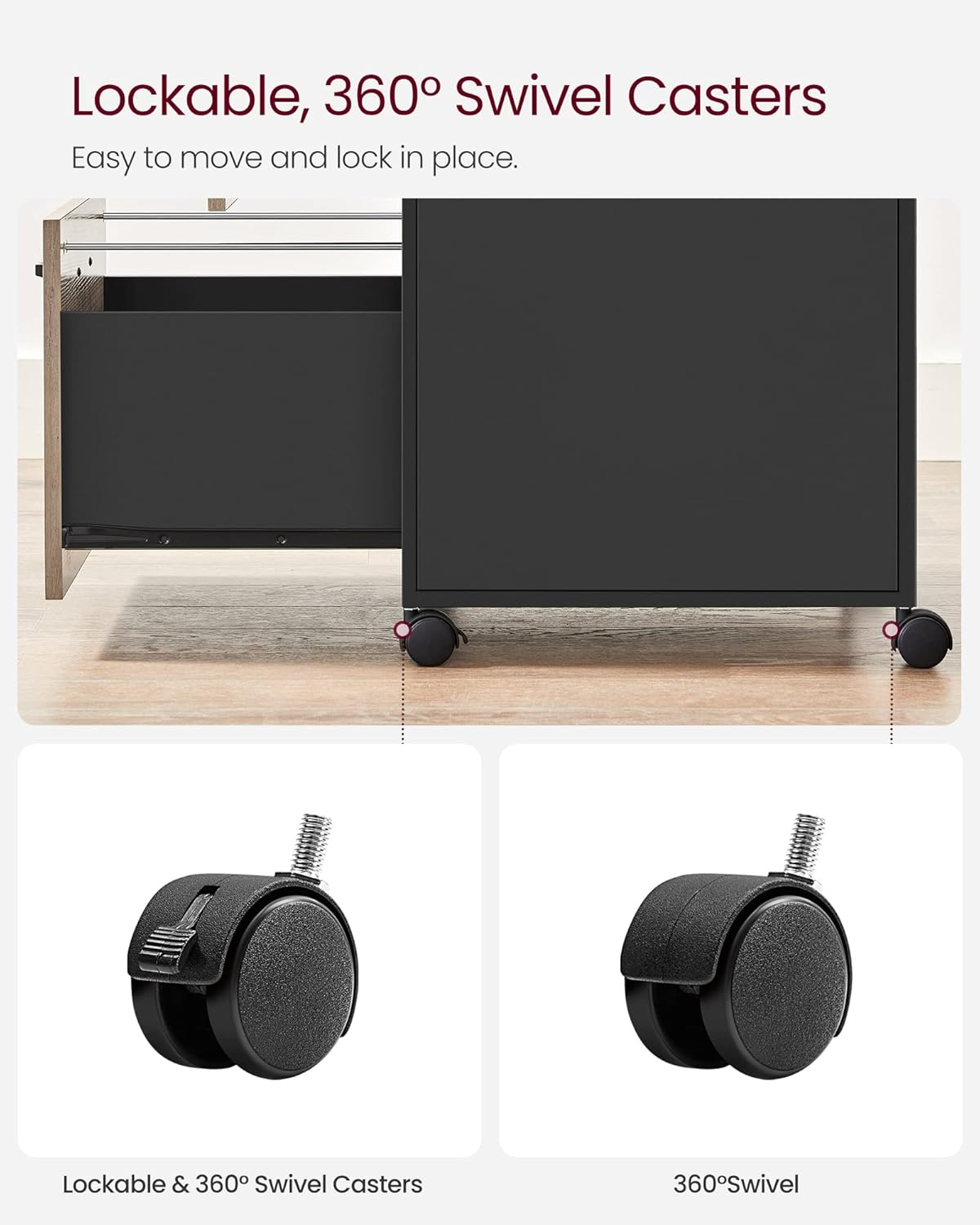 VASAGLE Dulap mobil 42x44x69 cm, cu 2 sertare si roti cu frana, compartiment deschis si suport dosare, PAL si otel, gri si negru [4]