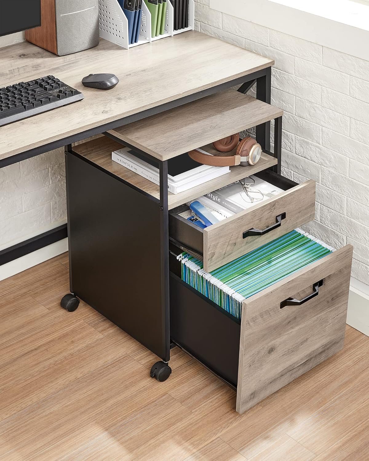 VASAGLE Dulap mobil 42x44x69 cm, cu 2 sertare si roti cu frana, compartiment deschis si suport dosare, PAL si otel, gri si negru [6]