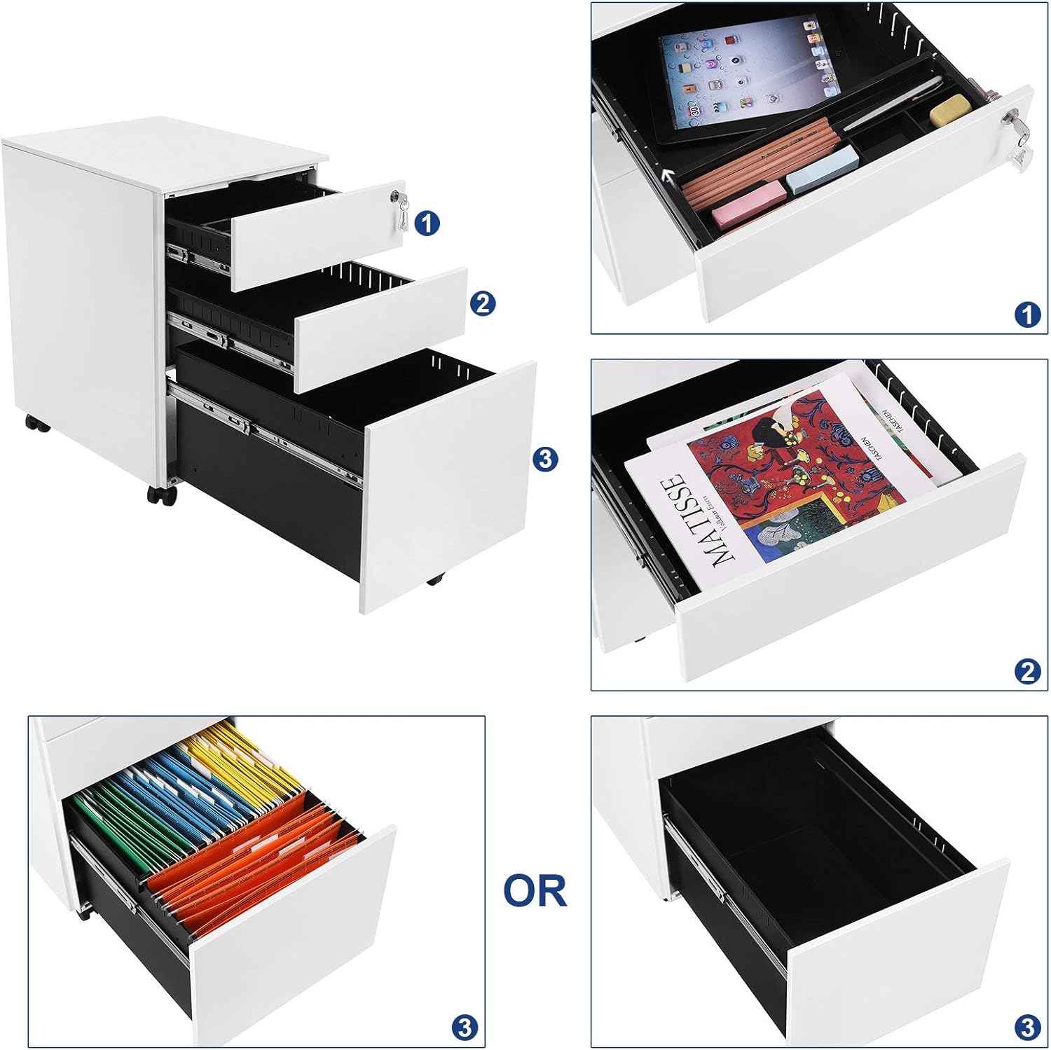 SONGMICS Dulap mobil tip rollbox pentru birouri, din otel, sertar cu sina dosare A4, 39x52x60 cm, alb [2]