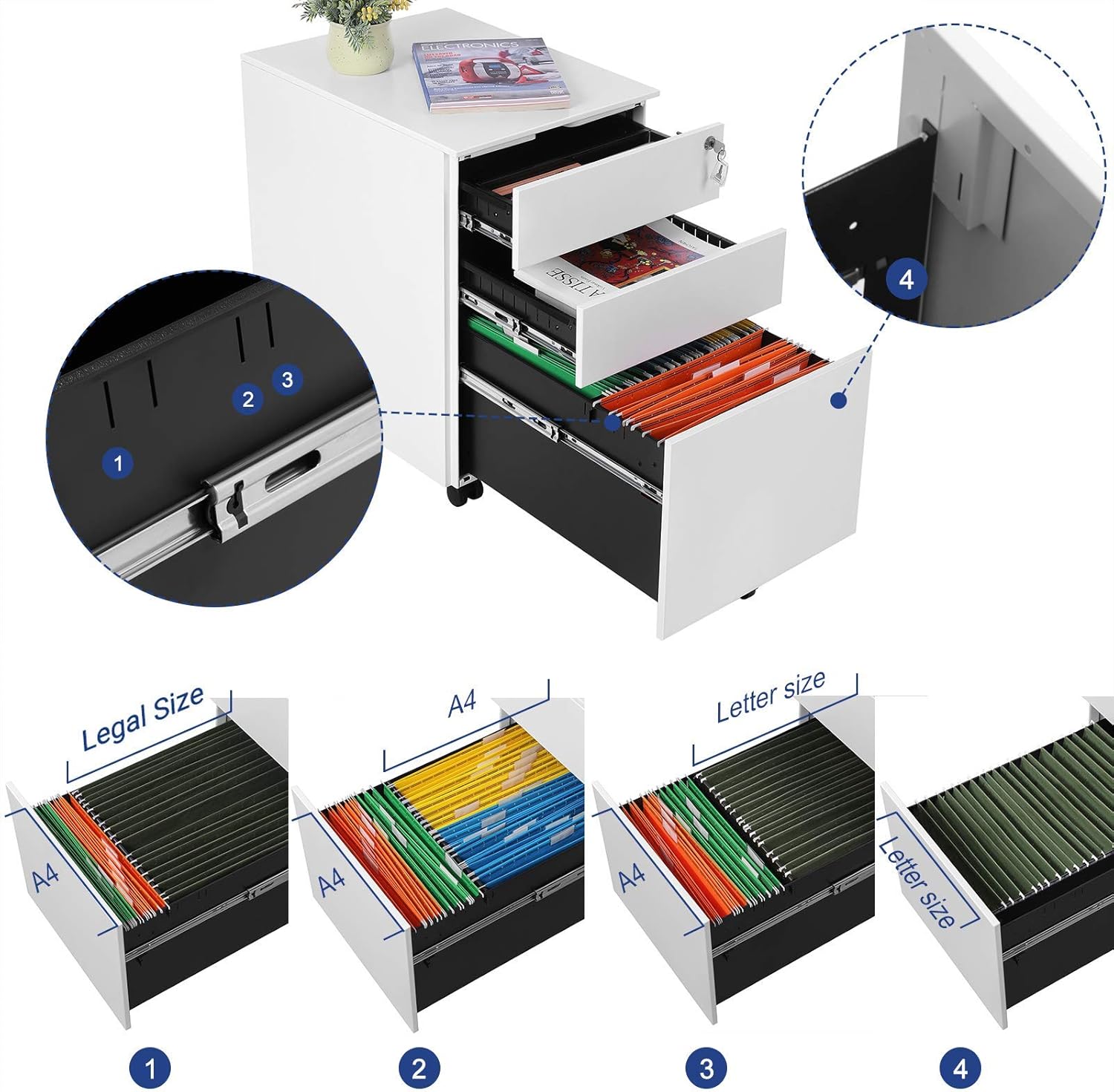 SONGMICS Dulap mobil tip rollbox pentru birouri, din otel, sertar cu sina dosare A4, 39x52x60 cm, alb [5]