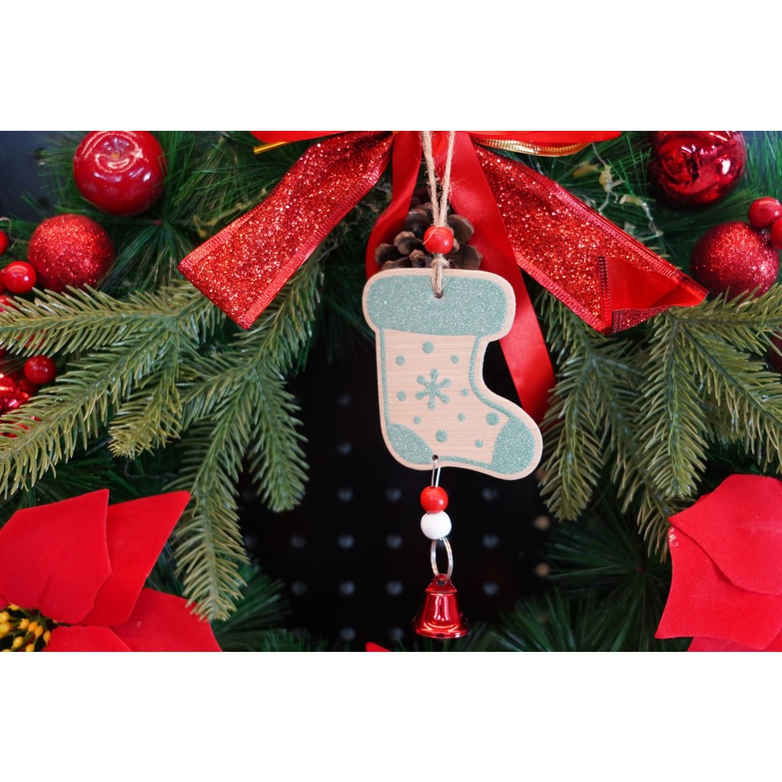 Ornament de brad ciorap cu clopotel, , multicolor, lemn, 17 cm [3]