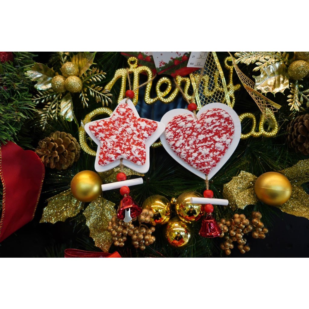 Ornament de brad inima din tweed, , alb/rosu, lemn, 18 cm [6]