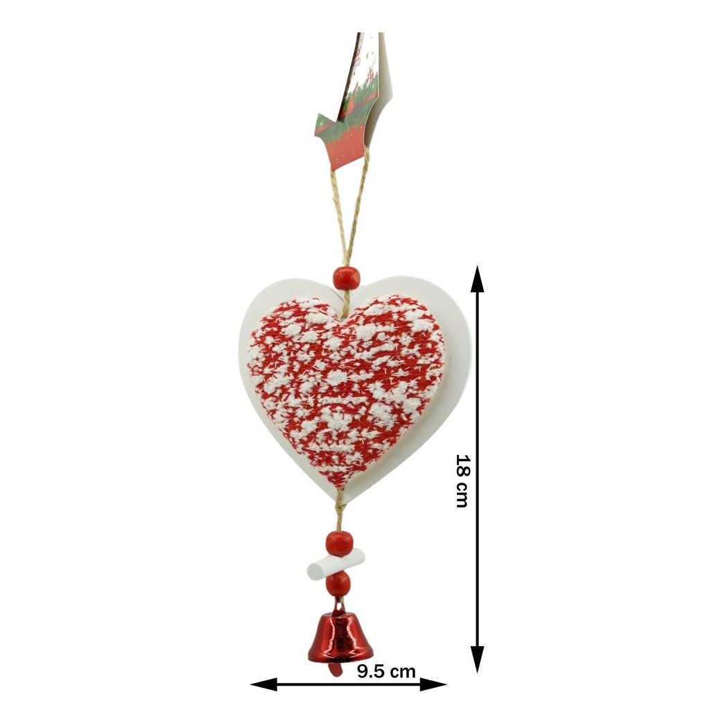 Ornament de brad inima din tweed, , alb/rosu, lemn, 18 cm [3]