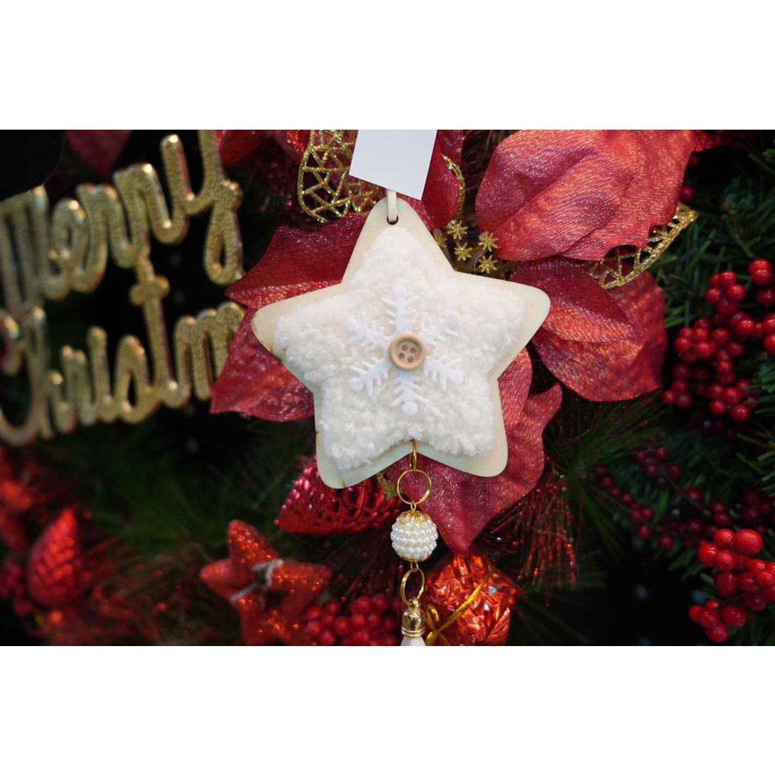 Ornament de brad stea, , alb, lemn/textil, 25 cm [3]