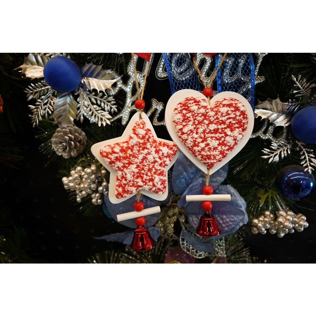 Ornament de brad stea din tweed, , alb/rosu, lemn, 18 cm [5]