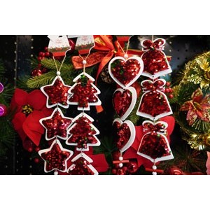 Ornament de brad trei clopotei cu paiete, , rosu, lemn, 36 cm [5]